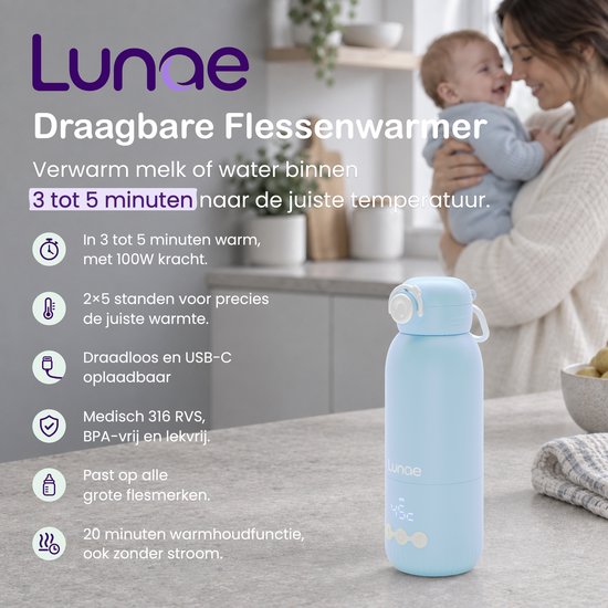Lunae Draagbare Flessenwarmer Onderweg - Draadloos USB-C 13.500mAh– 2x5 Temperaturen 37-55°C - Melk & Watermodus - Thermosfles 350 ml - 316 RVS - Flesverwarmer Voor Alle Babyflessen — afbeelding 3