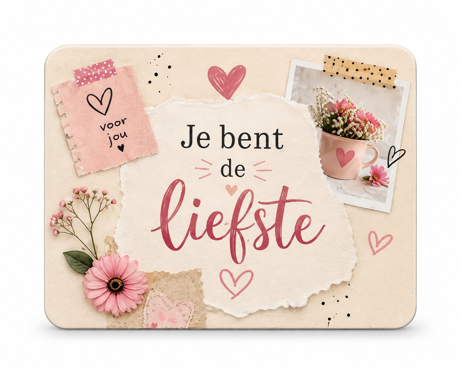 Koelkastmagneet MDF “Je bent de liefste” – Roze Bloemen Design – 9 x 7 cm