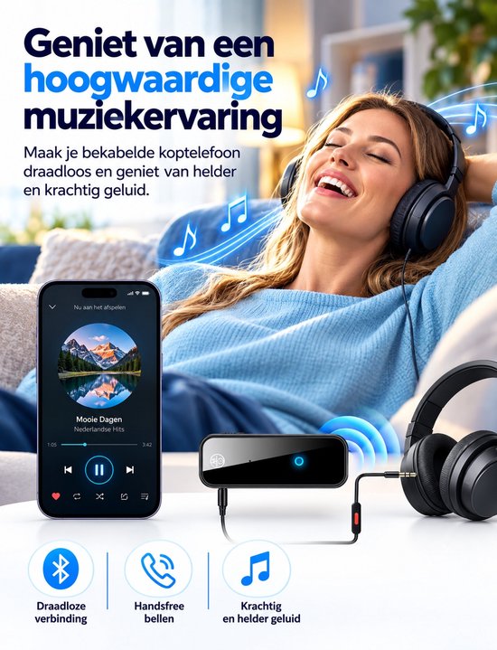Bluetooth Receiver & Transmitter – Bluetooth 5.0 – 2-in-1 Bluetooth Ontvanger en Zender – 3,5mm AUX Adapter – RX/TX – Auto, TV & Audio — afbeelding 3