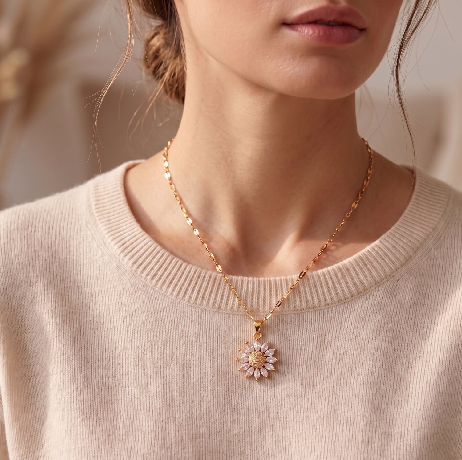 Nalovi Zonnebloem Ketting Dames - Verstelbare Schakelketting met Bloem Hanger - 40 + 5 cm - Roestvrij Staal - Goudkleurig
