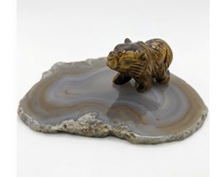 Geschenkset Agaat schijf met een beertje van Tijgeroog - Geschenk - Kado - Gift - Cadeau - Verjaardag - Mineralen - Edelsteen
