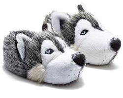 Berussa - Twigy Husky Dierenpantoffels – Warme, Zachte Pluche Sloffen - Hond / Wolf - Grijs/Wit - Maat 36/41