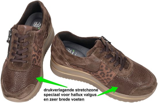 Bruine suède sneakers met leopard print, rits en drukverlagende stretchzone voor halux valgus.