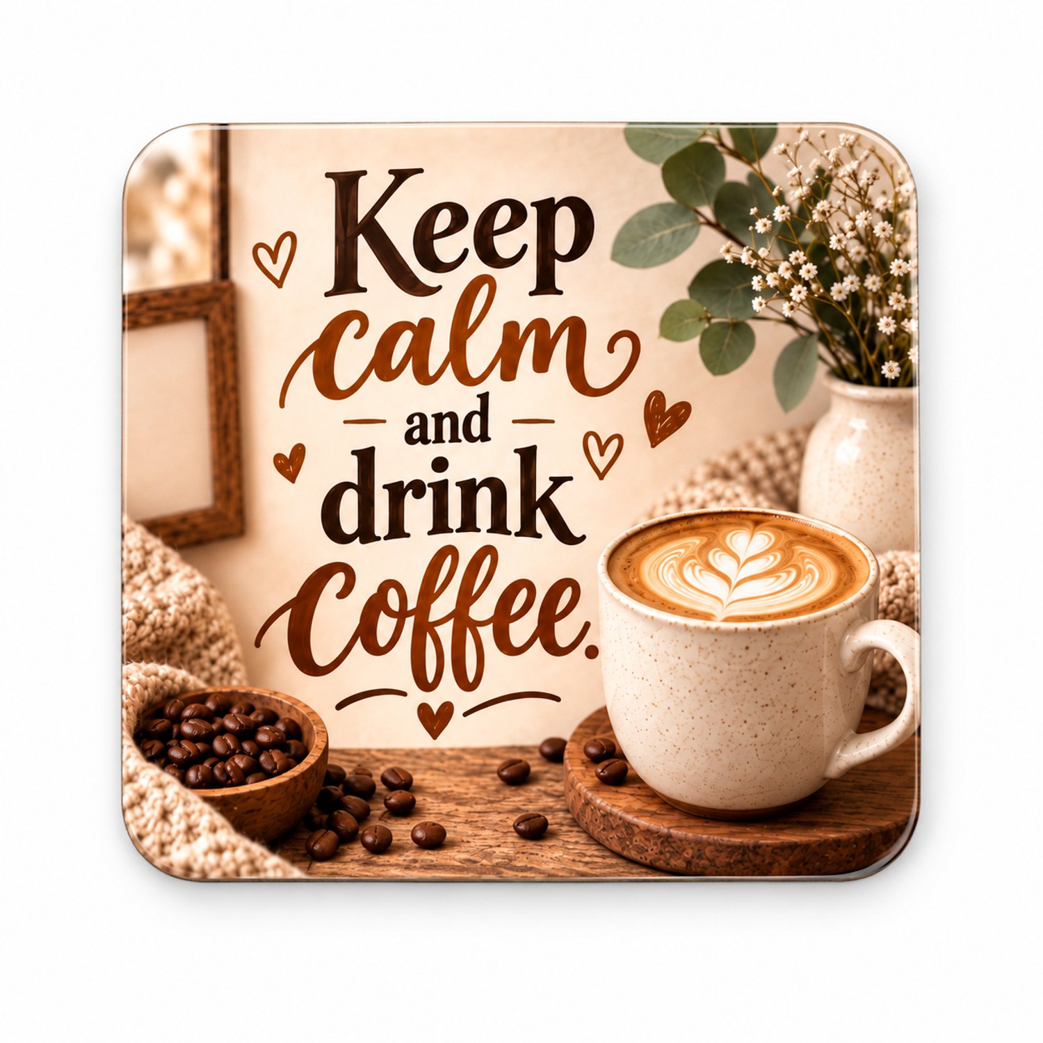 Koffie MDF onderzetter 10 x 10 cm met tekst ‘Keep Calm and Drink Coffee’