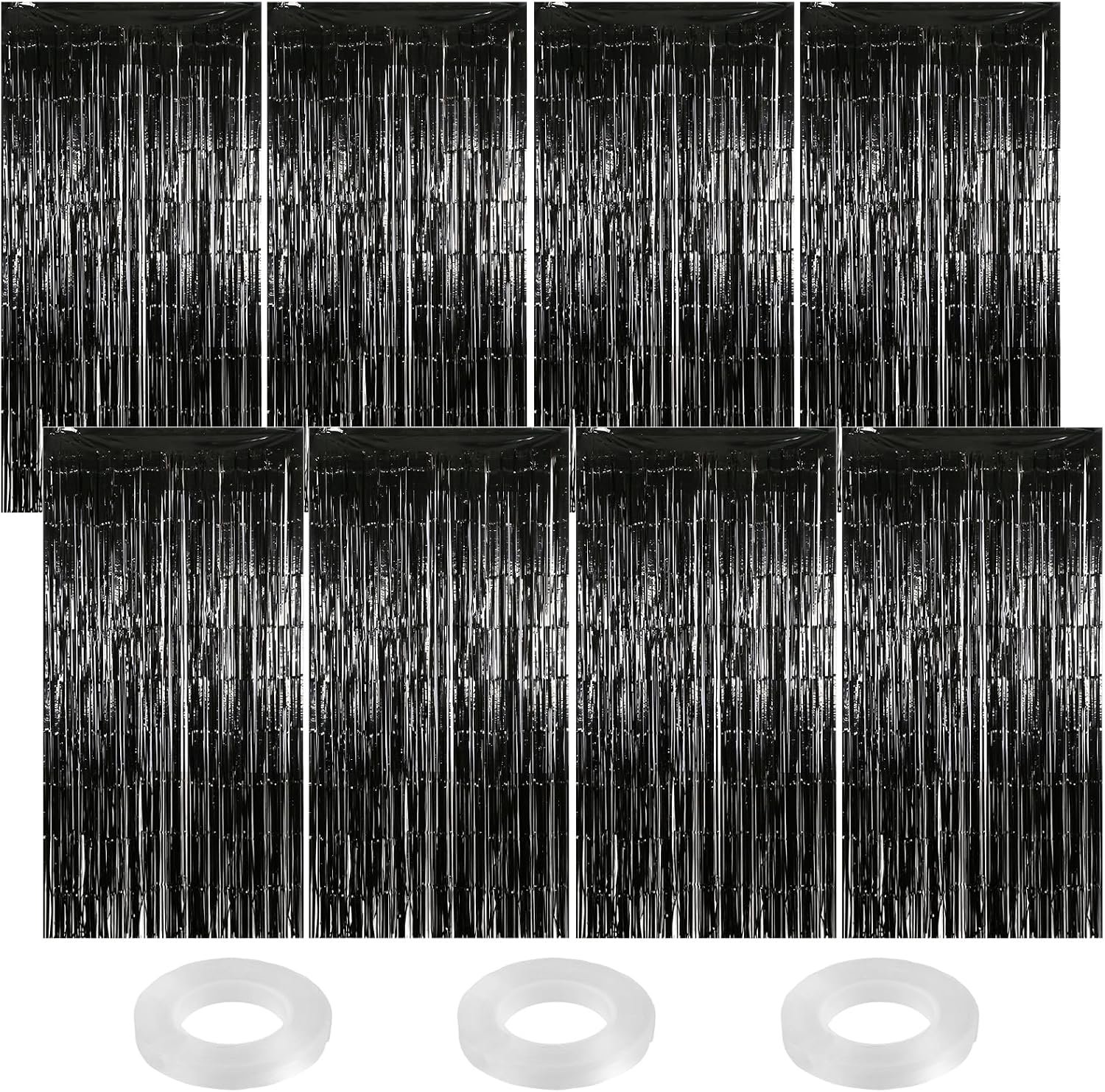 Pack of 8 Lametta Curtain Black Glitter Curtain Tinter Curtain 1m x 2m Foil Fringe Background with Adhesive Tape for - ShopVlot