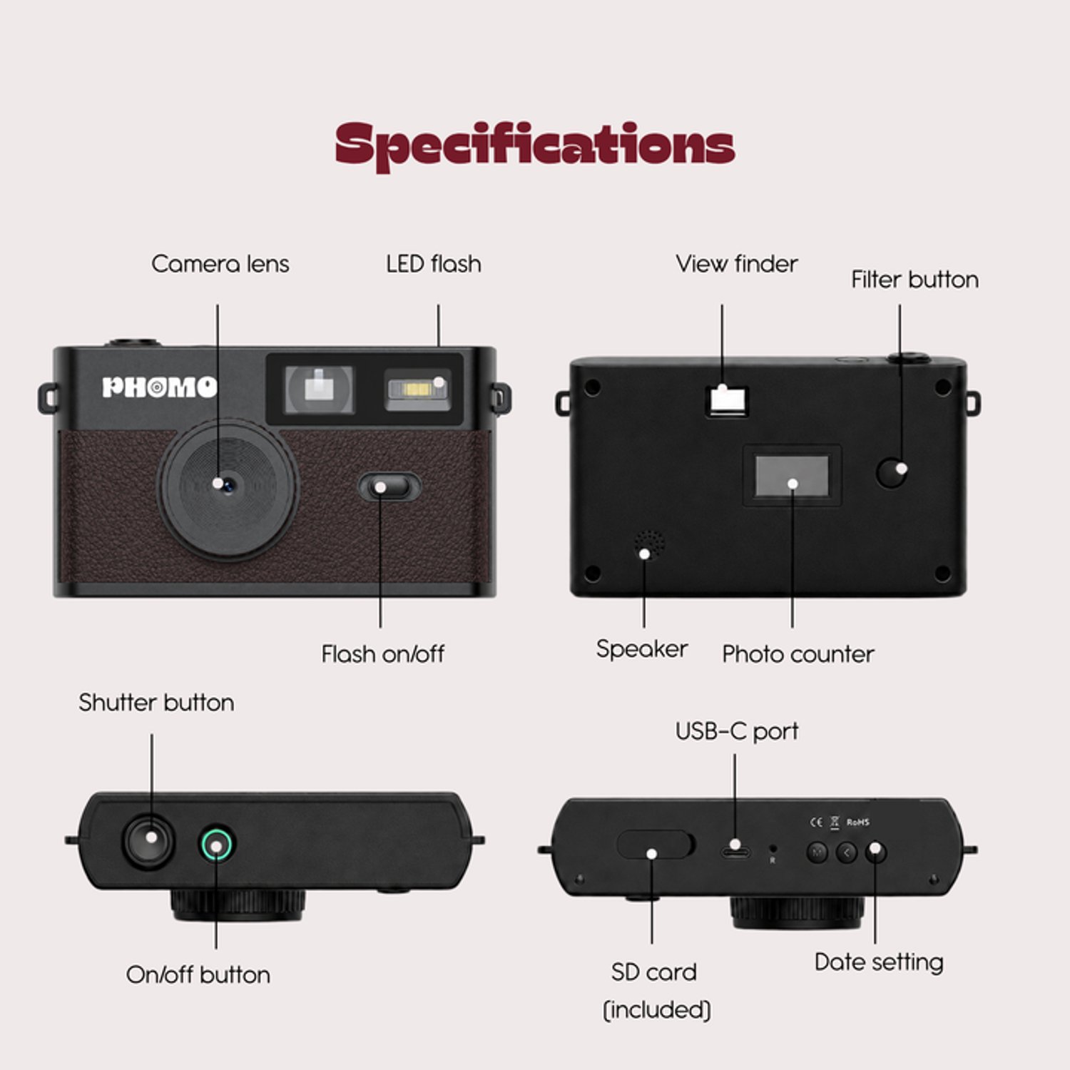 Phomo Digitale Retro Camera - Compact Camera - 8MP - 4 Retrofilters - Flits - SD-kaart - USB-C - Zwart thumbnail 3