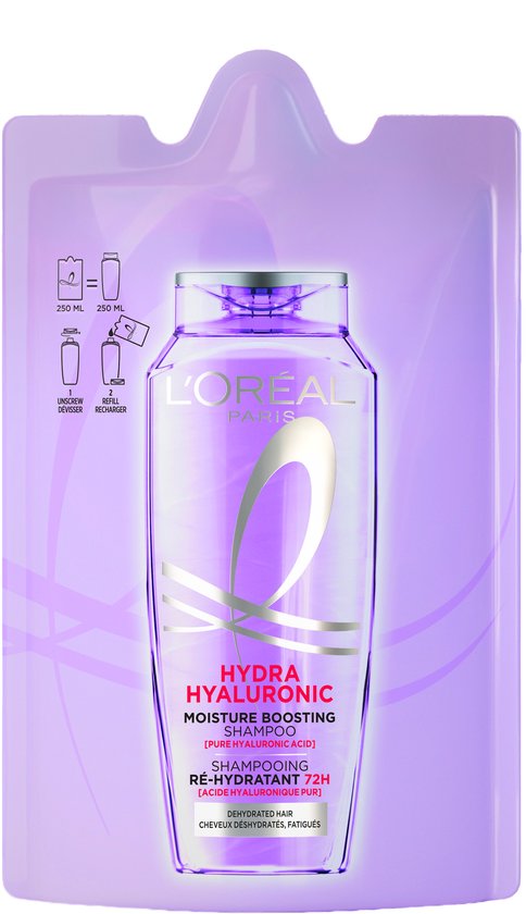 L'Oréal Paris Hydra Hyaluronic Moisture Boosting Shampoo navulverpakking met de tekst: UNSCREW REFILL, Dévissez Recharger, 250 ML.