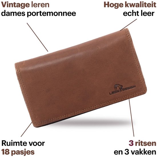 Bruine leren portemonnee, 16x9x2cm, met "Vintage leren dames portemonnee" en "Hoge kwaliteit echt leer".