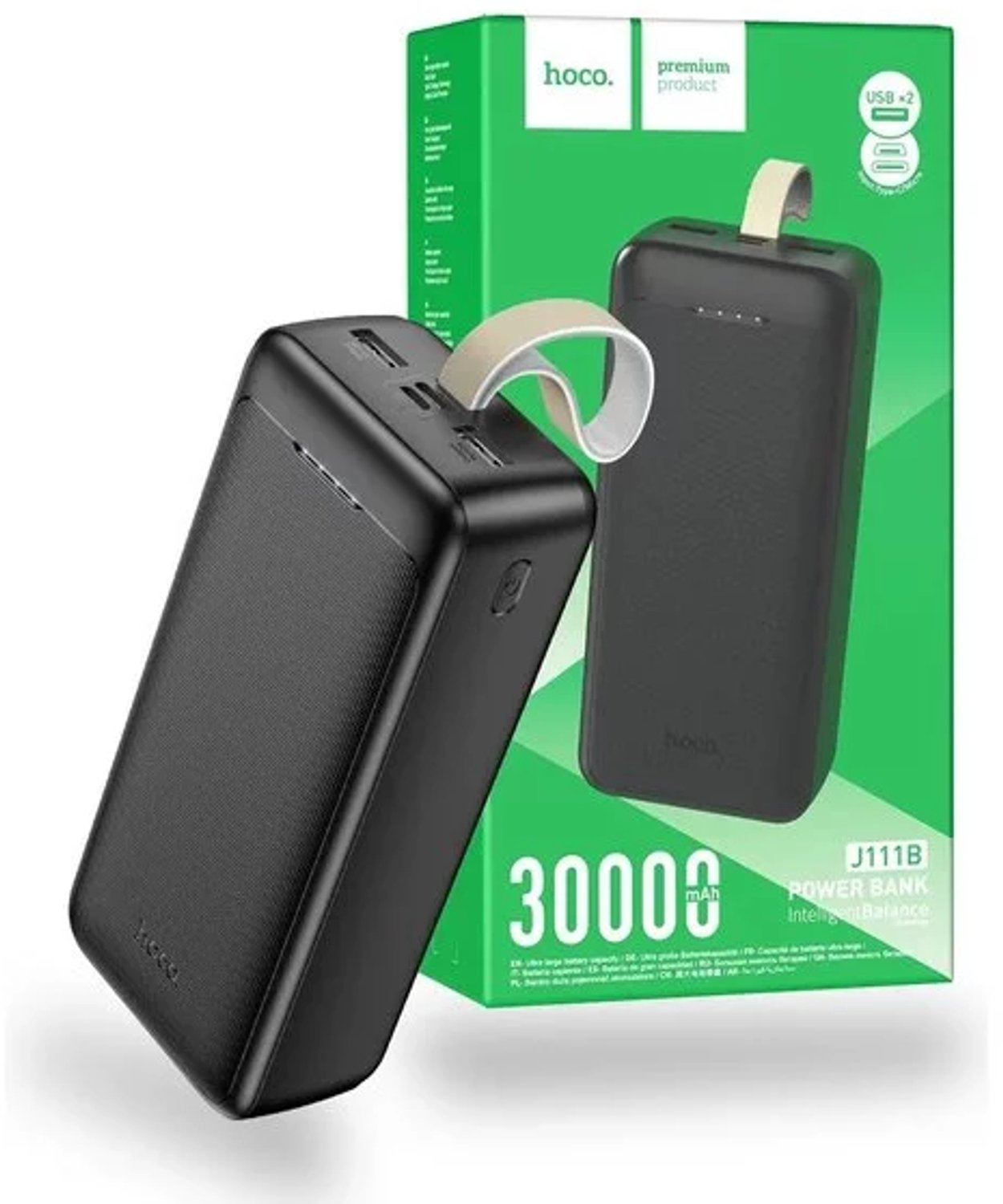 Hoco - Power Bank Smart (J111B) - 2x USB, Type-C, Micro-USB, with LED for Battery Check and Lanyard, 2A, 30000mAh - Black