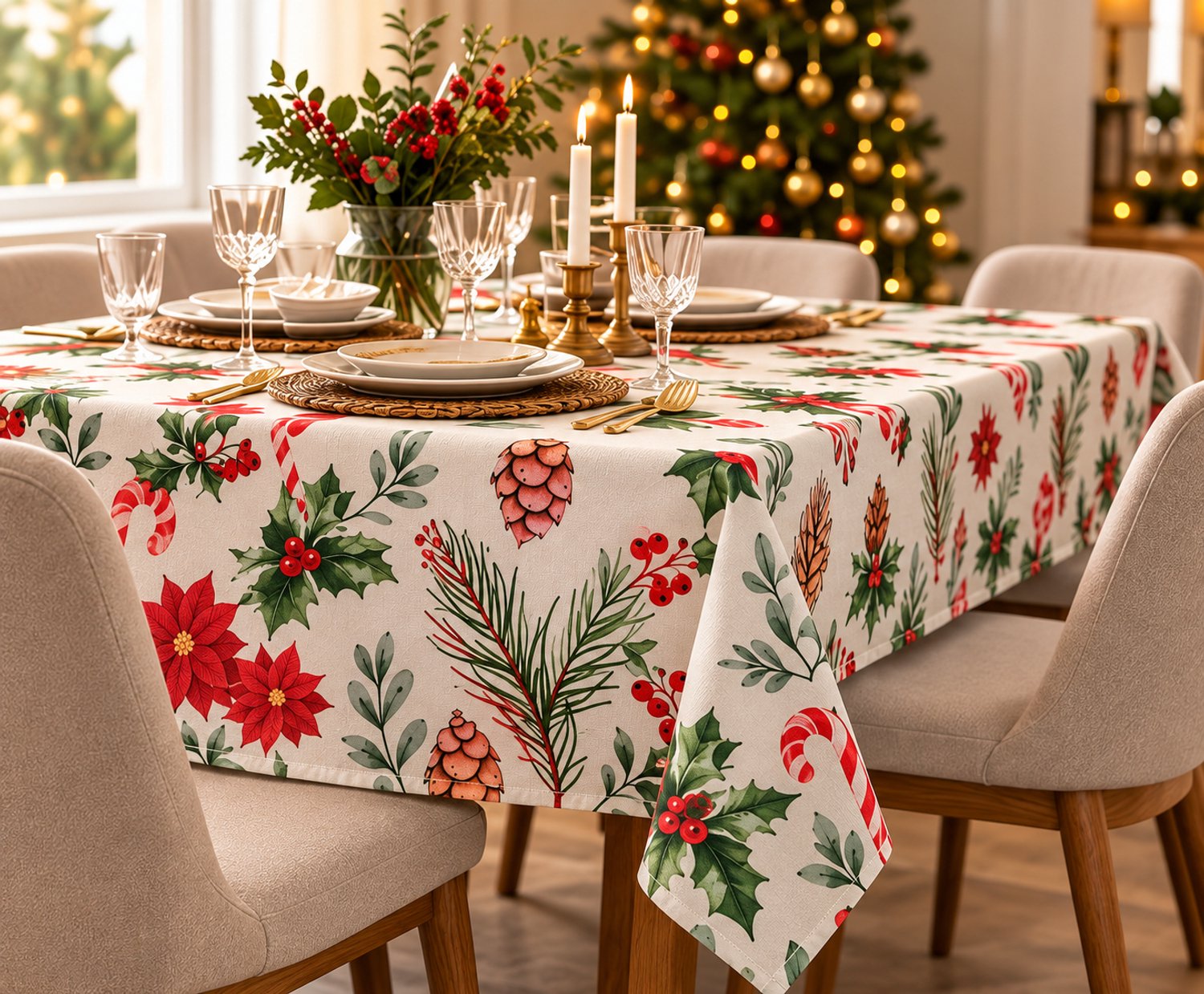 SuperShopper - Kerst Tafelkleed – 138 x 220 cm – Waterafstotend – Kerstprint met Hulst, Kerststerren en Zuurstokjes – Wit/Rood/Groen – Rechthoekig