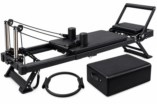 Zwarte Pilates reformer set met box en ring.