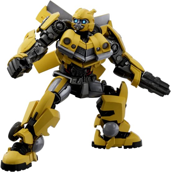 Gele Transformers actiefiguur Bumblebee met blauwe ogen, grijze details en wapens aan zijn armen.