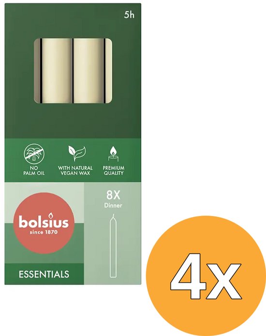Verpakking van 8 ivoorkleurige dinerkaarsen, 17cm hoog. Zonder palmolie, met natuurlijk vegan wax. Brandduur 5 uur.