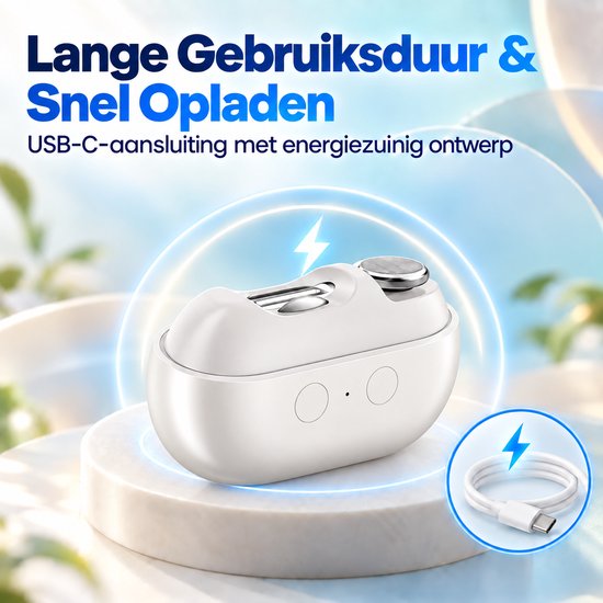 Witte elektrische nagelknipper op een sokkel met USB-C oplaadkabel voor snel opladen.