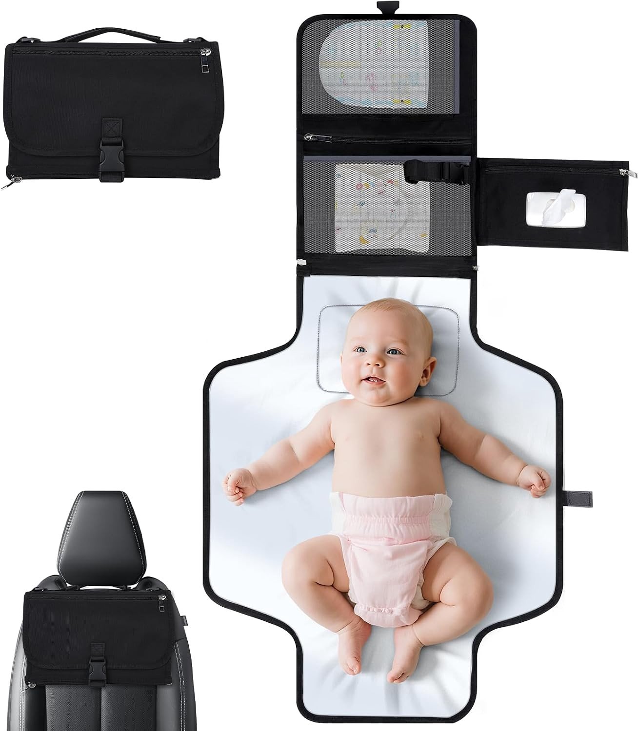 Veranderbare verschoonmat voor onderweg met 5 vakken, opvouwbare en waterdichte verschoontas, 70 x 56 cm, ideaal voor babyverzorging en reizen