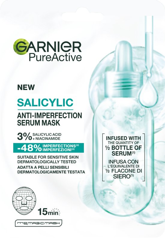 Garnier Pure Active Salicylische anti-onzuiverheden serummasker met 3% salicylzuur, vermindert onzuiverheden met 48%. Geschikt voor gevoelige huid.