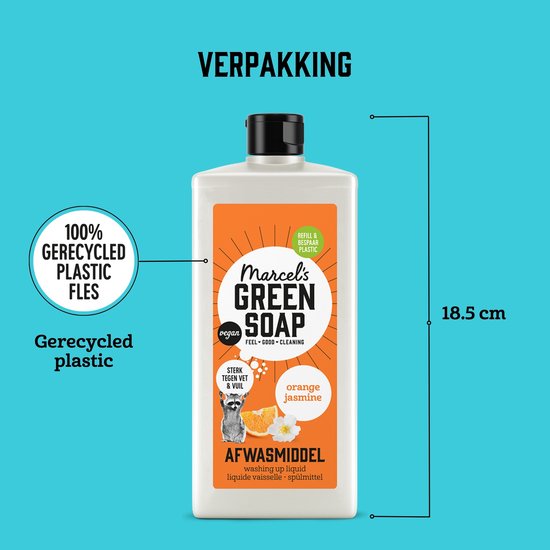Fles Marcel's Green Soap afwasmiddel sinaasappel & jasmijn met oranje etiket en een wasbeer. Tekst "100% gerecycled plastic fles". Hoogte 18.5 cm.