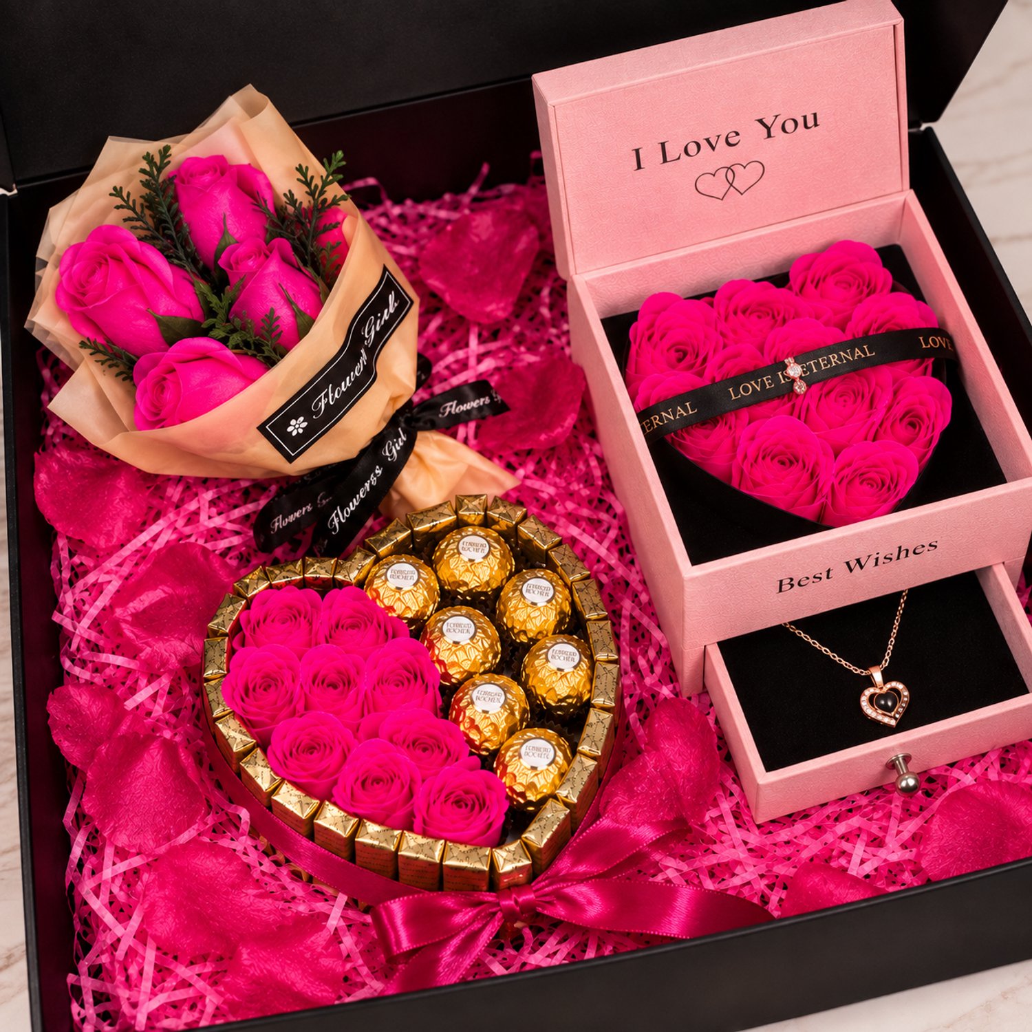 Nina’s Giftshop® Valentijn Geschenkset – Chocolade Geschenkhart – Sieradendoos met Ketting – Rozenboeket – Rozenbeer – Cadeau voor Haar – Liefde & Romantiek