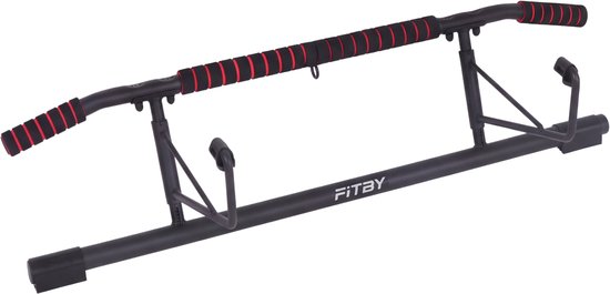 Zwarte Fitby optrekstang met rode accenten op de handvatten.
