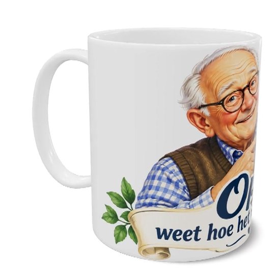 Mok met nostalgische opa quote Opa weet hoe het vroeger was! Koffiemok met lachende opa en oude zwart-wit familiefoto Sfeervol herinneringscadeau voor opa