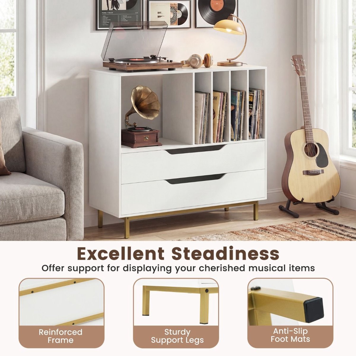 SureDeal® - Bureaukast - Draaitafelstandaard Platenkast - Open Planken Vier - Lades Houten Platenrek - 91x36x87 cm - Wit