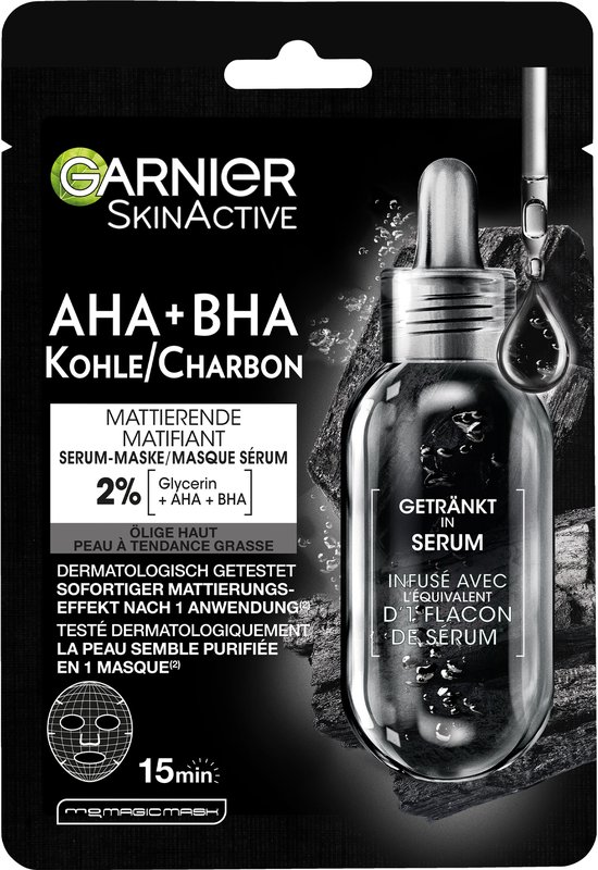 Garnier SkinActive masker met houtskool, verrijkt met AHA+BHA serum. Voor de vette huid, met 2% glycerine. 15 minuten.