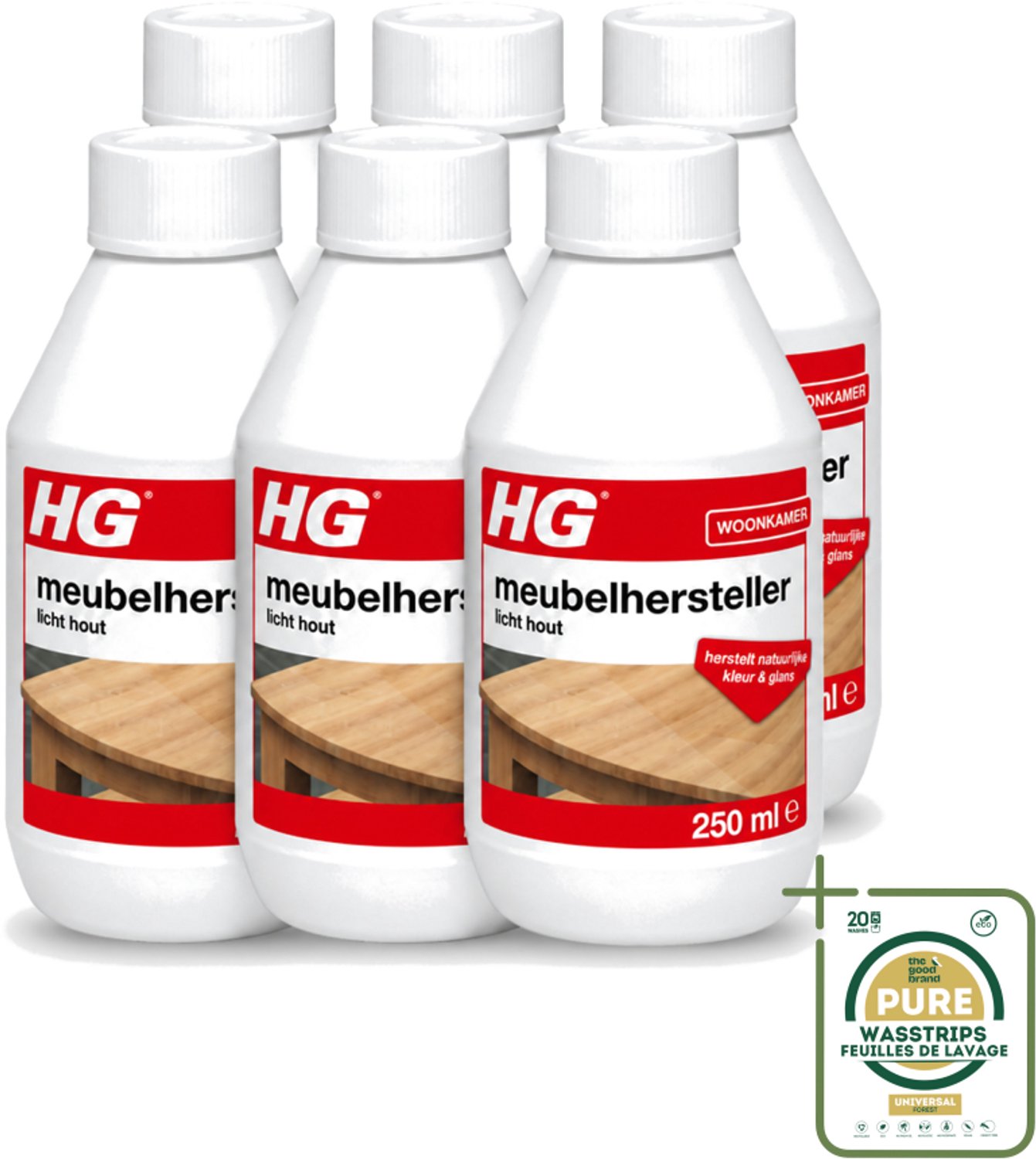 6 x HG - Meubelhersteller Licht Hout - Herstelt Natuurlijke Kleur & Glans - 250 ml - Wasstrips - Houtverzorging - Hout Herstellen - Hout Reinigen - Hout Kleuren Herstellen - Hout Krassen Verbergen
