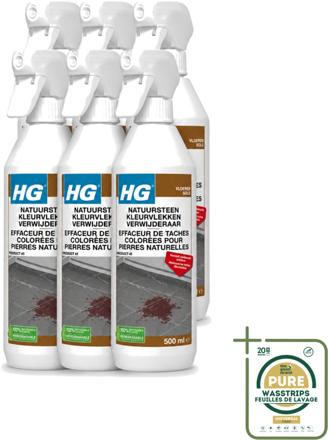 6 x HG - Natuursteen Kleurvlekken Verwijderaar - Hersteld Verkleurde Plekken - 500 ml - Wasstrips - Natuursteen Vlekkenverwijderaar - Vlekken Verwijderen - Marmer Vlekken - Natuursteen Reinigen - Kleur Herstellen