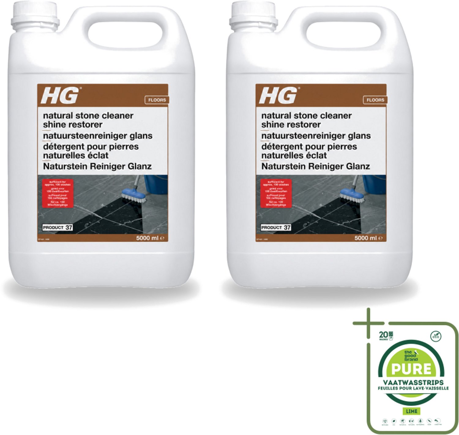 2 x HG - Natuursteenreiniger Glans - 40 Dweilbeurten - 5L - Grootverpakking - Vaatwasstrips - Natuursteen Reinigen - Marmer Reinigen - Glans Herstellen - Natuursteen Schoonmaken - Natuursteen Onderhoud