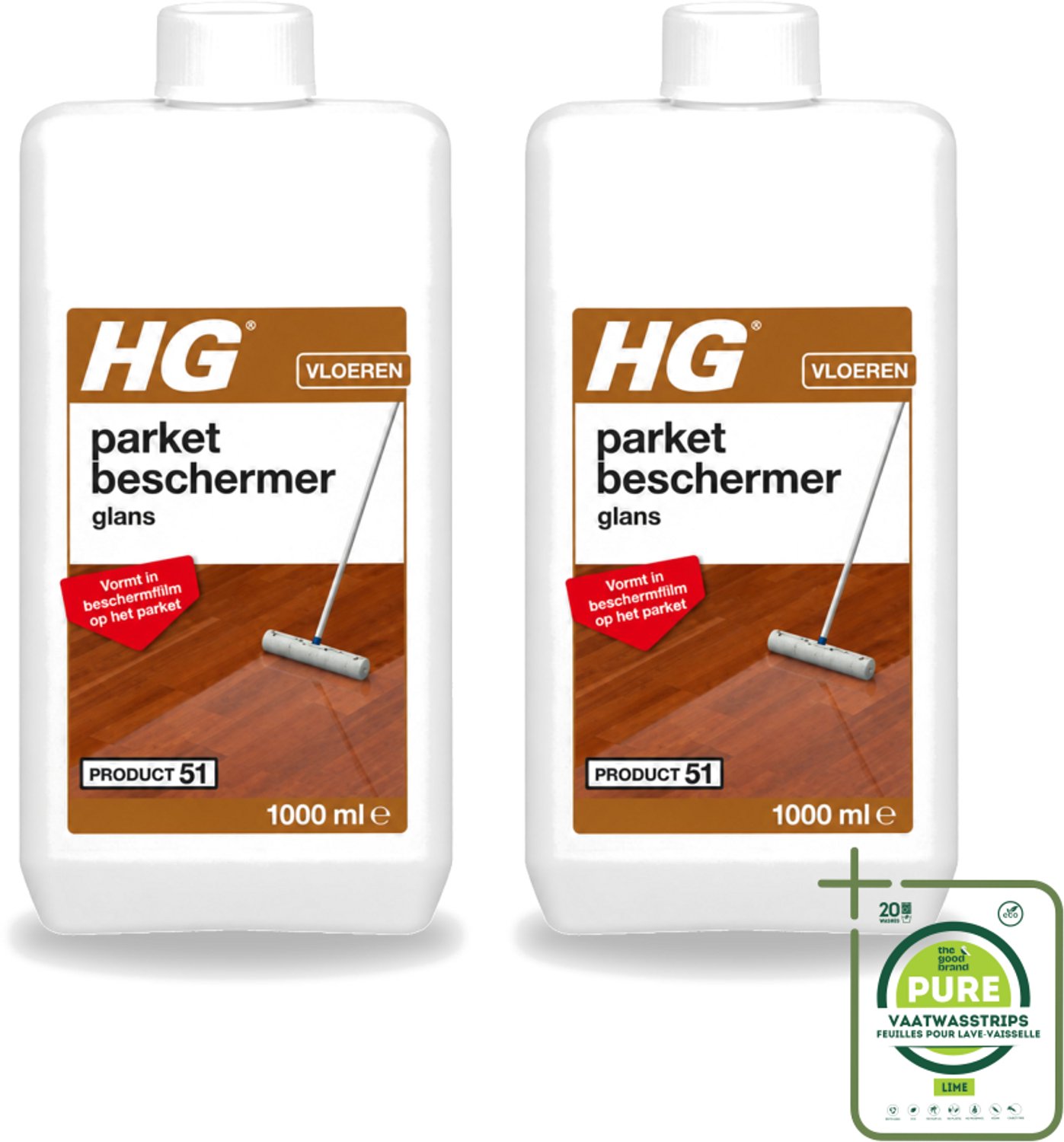 2 x HG - Parket Beschermer Glans - Vloeibare Emulsie - Vormt in Beschermfilm - 1L - Grootverpakking - Vaatwasstrips - Parket Beschermer - Slijtage Bescherming - Krassen Bescherming - Anti-slip - Parket Beschermfilm