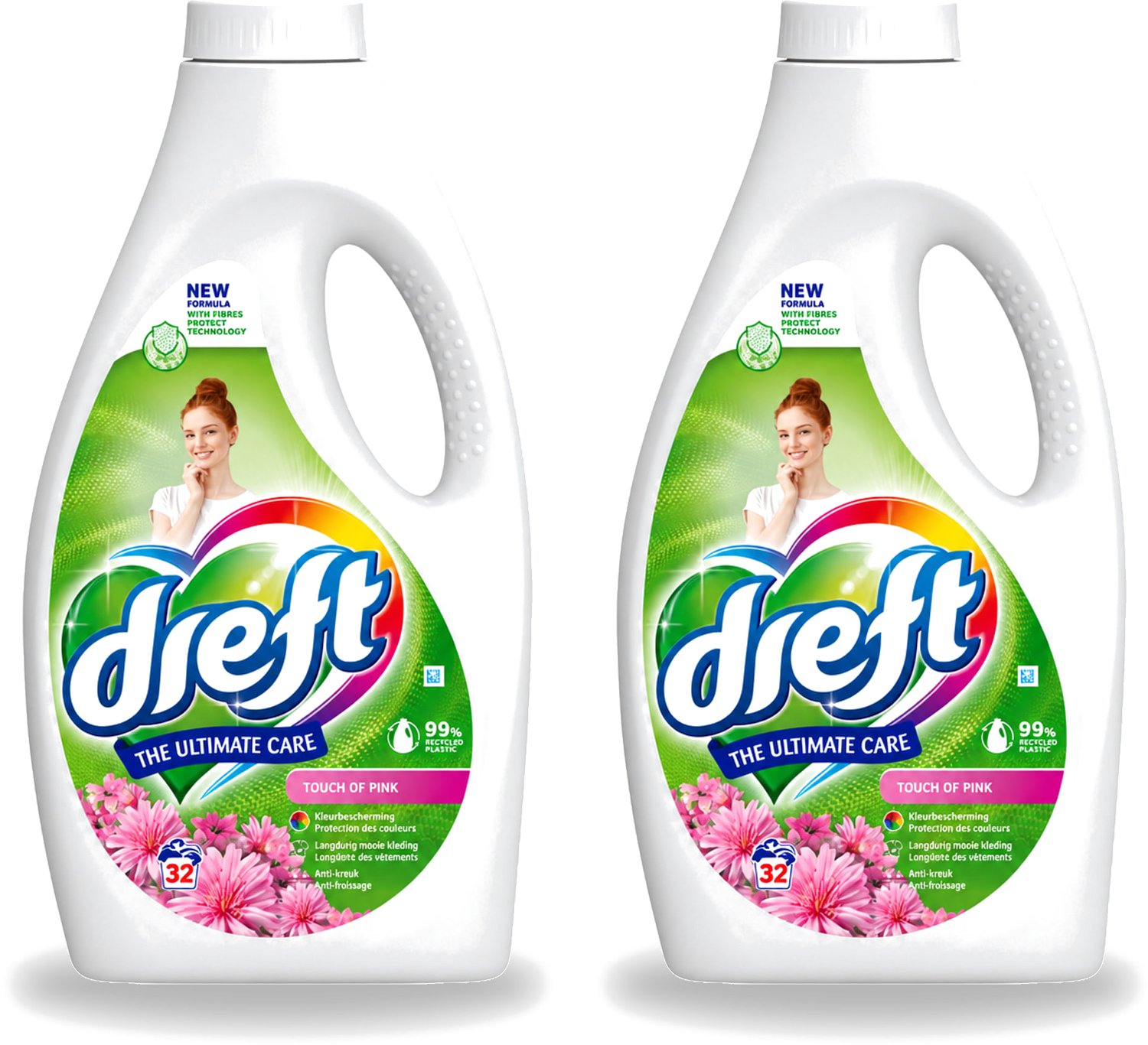 2 x Dreft - Ultimate Care - Vloeibaar Wasmiddel - Gekleurde Was - Een Vleugje Roze - 32 Wasbeurten - Voordeelverpakking - 2 stuks