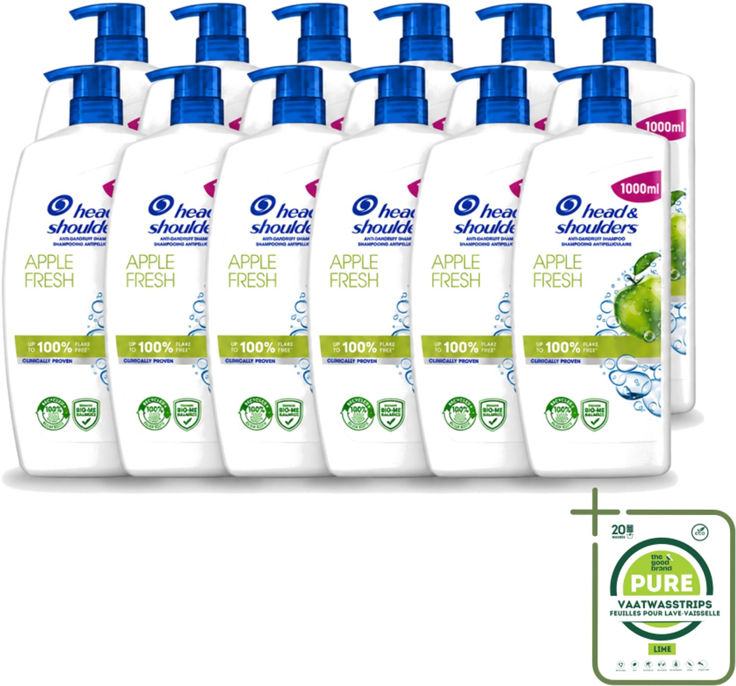 12 x Head & Shoulders - Anti-Roos Shampoo - Apple Fresh - Pompflacon - 1000 ml - Grootverpakking - Vaatwasstrips - Roosvrij Haar - Anti-roos Shampoo - Hoofdhuid Verzorging - Appelgeur Shampoo - Microbiome Balans