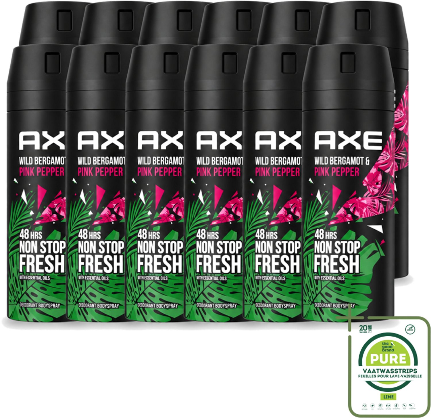 12 x Axe - Deodorant Bodyspray - 48hrs Fresh - Wild Bergamot & Pink Pepper - 150 ml - Grootverpakking - Vaatwasstrips - 48 Uur Bescherming - Zweetbestendig - Geurbestendig - Bergamot - Roze Peper