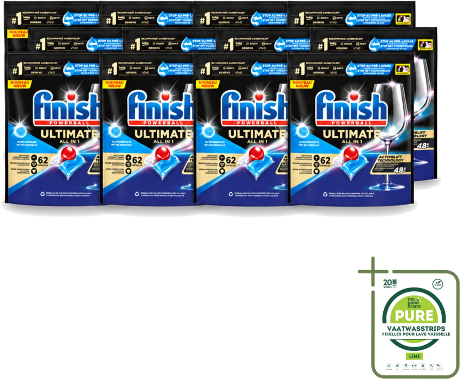 12 x Finish Powerball - Ultimate All in One - Vaatwastabletten - Met Bicarbonaat - 62 Capsules - Grootverpakking - Vaatwasstrips - Vaatwasmiddel - Vaatwascapsules - Glans - Reiniging - Vlekken Verwijderen