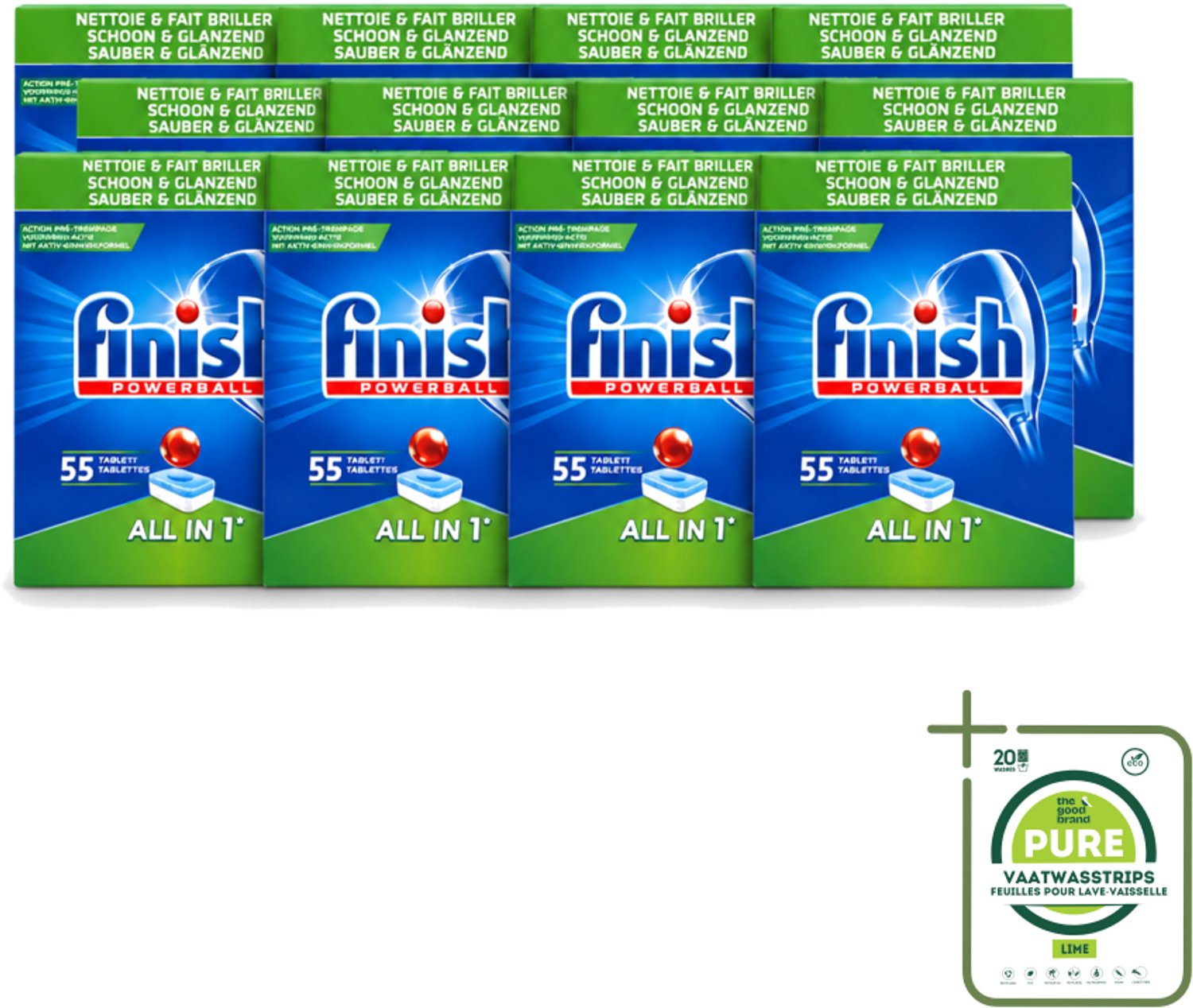 12 x Finish Powerball - All in 1 - Vaatwastabletten - Schoon & Glans - 55 Tabletten - Grootverpakking - Vaatwasstrips - Vaatwasmiddel - Vaatwastablet - Vaat Reinigen - Glans Behouden - Vaat Reinigen Zonder Voor Spoelen