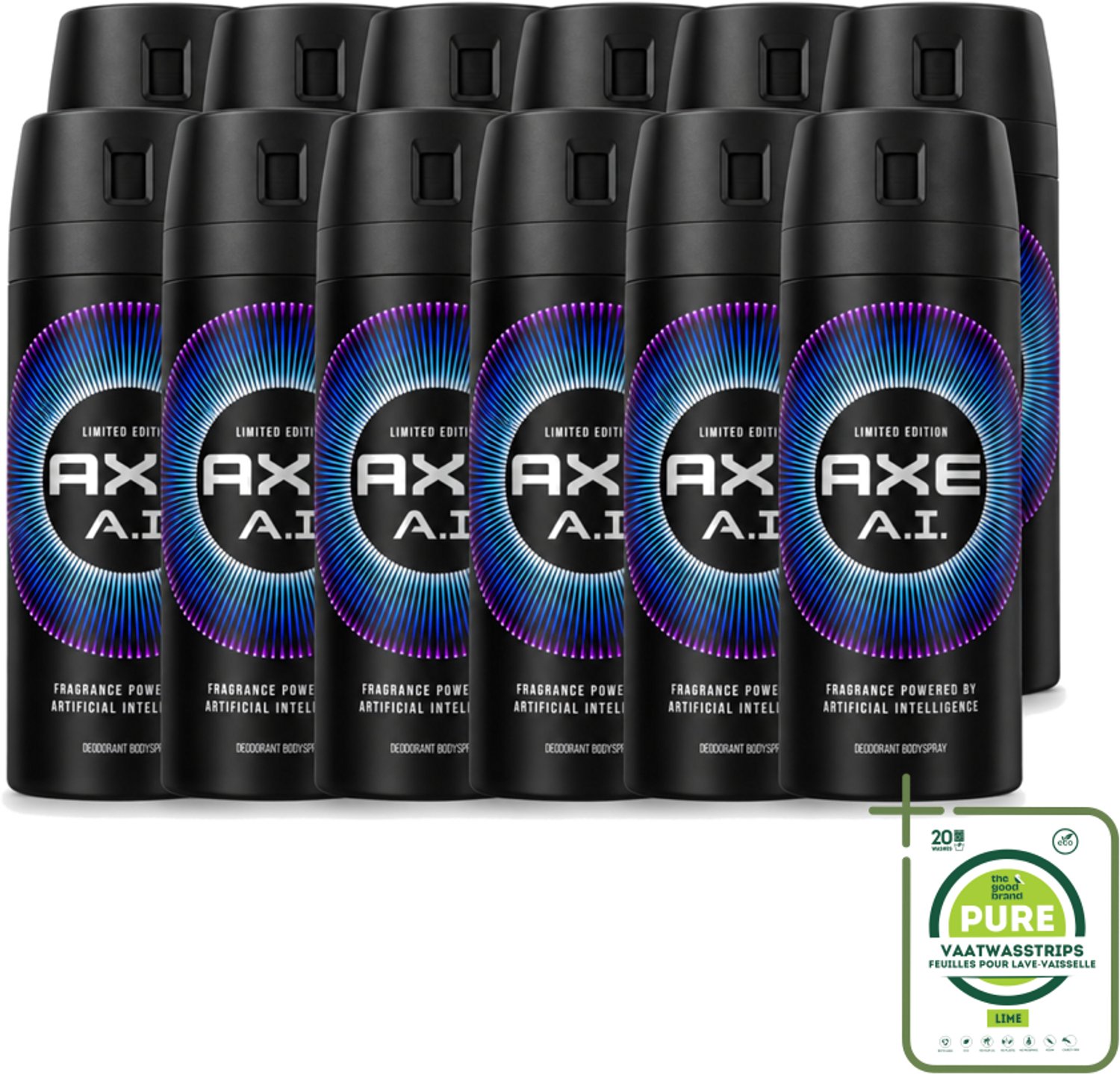 12 x Axe - Limited Edition - Deodorant Bodyspray - A.I. - 150 ml - Grootverpakking - Vaatwasstrips - Axe A.I. Bodyspray - Deodorant Bodyspray - Geur - Geurbestrijding - Bergamot