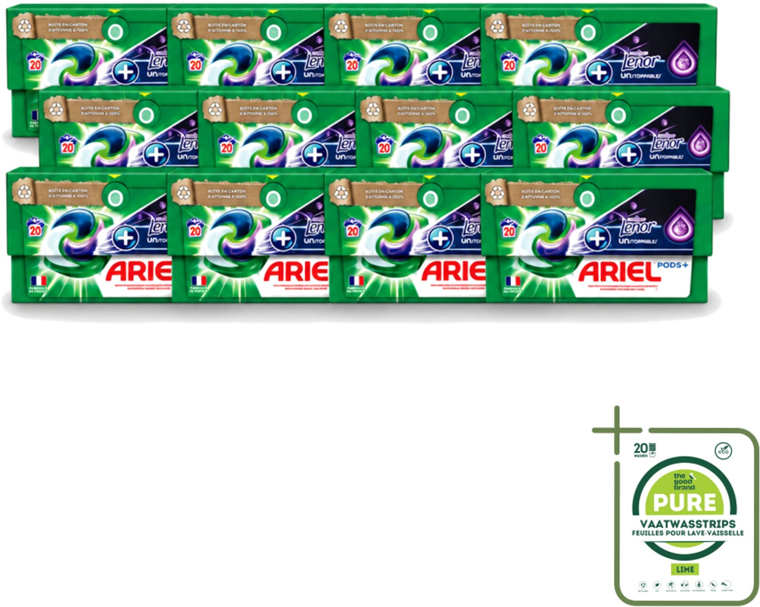 12 x Ariel Original - Touch of Lenor Unstoppables - Wasmiddelcapsules - Pods+ - Witte en Gekleurde Was - 20 Wasbeurten - Grootverpakking - Vaatwasstrips - Wasmiddelcapsules - Reiniging - Vlekken Verwijderen - Frisheid - Koud Was