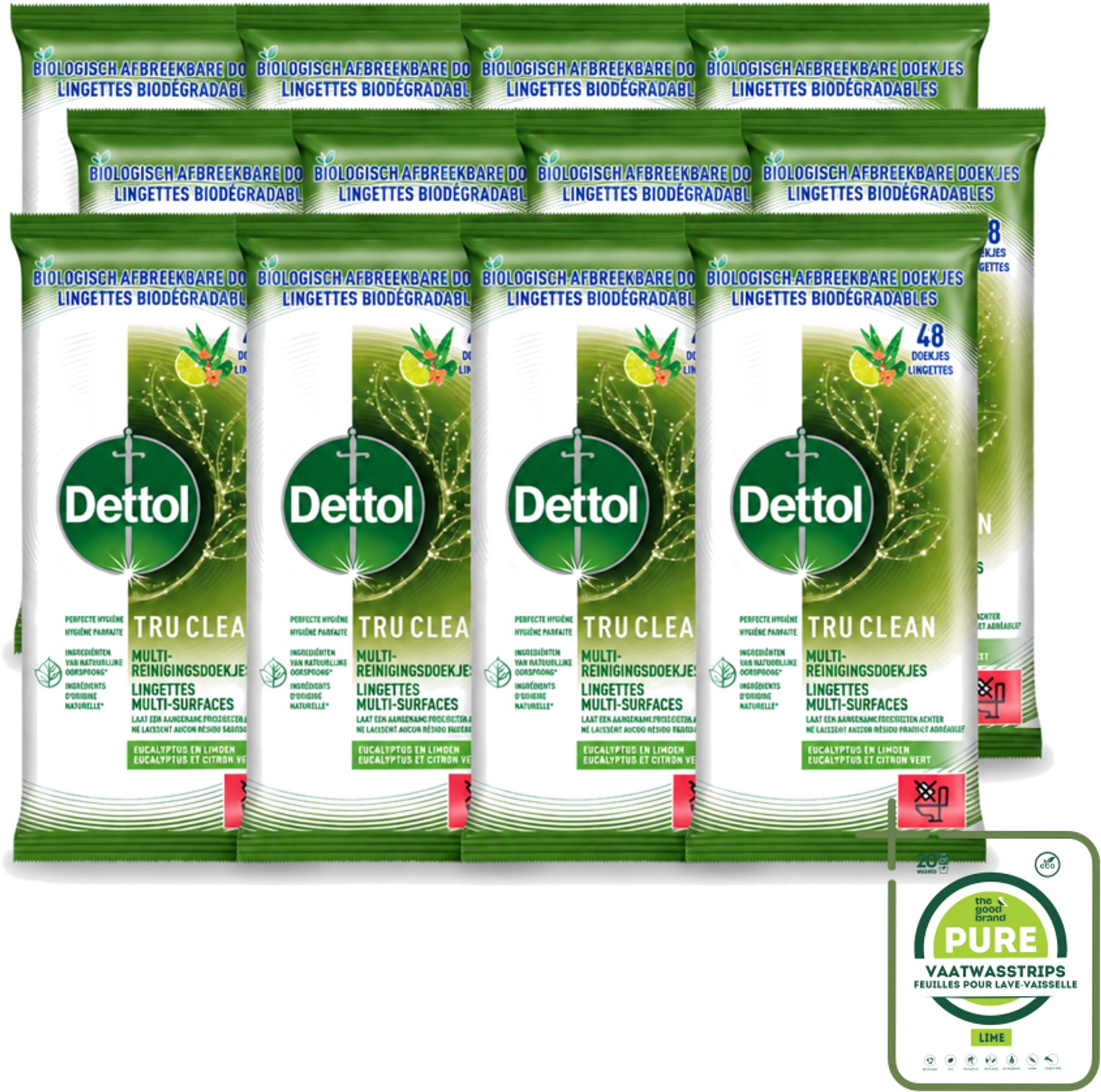 12 x Dettol Tru Clean - Multi-reinigingsdoekjes - Eucalyptus & Limoen - Biologisch Afbreekbaar - 48 Stuks - Grootverpakking - Dettol Tru Clean - Reinigingsdoekjes - Eucalyptus En Limoen - Biologisch Afbreekbaar - Huishoudelijke Reiniging