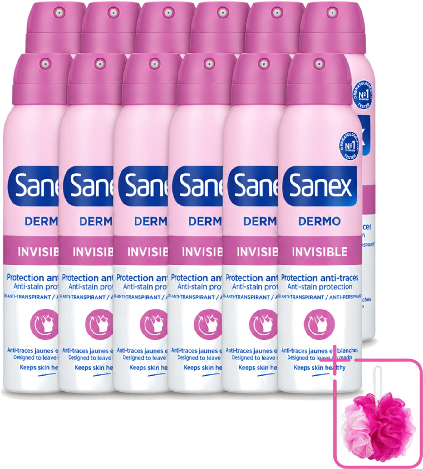 12 x Sanex – Deodorant Spray – Dermo Invisible – 150 ml - Bulkverpakking - Onzezichtbare deodorant - Douchemop - Deodorant spray