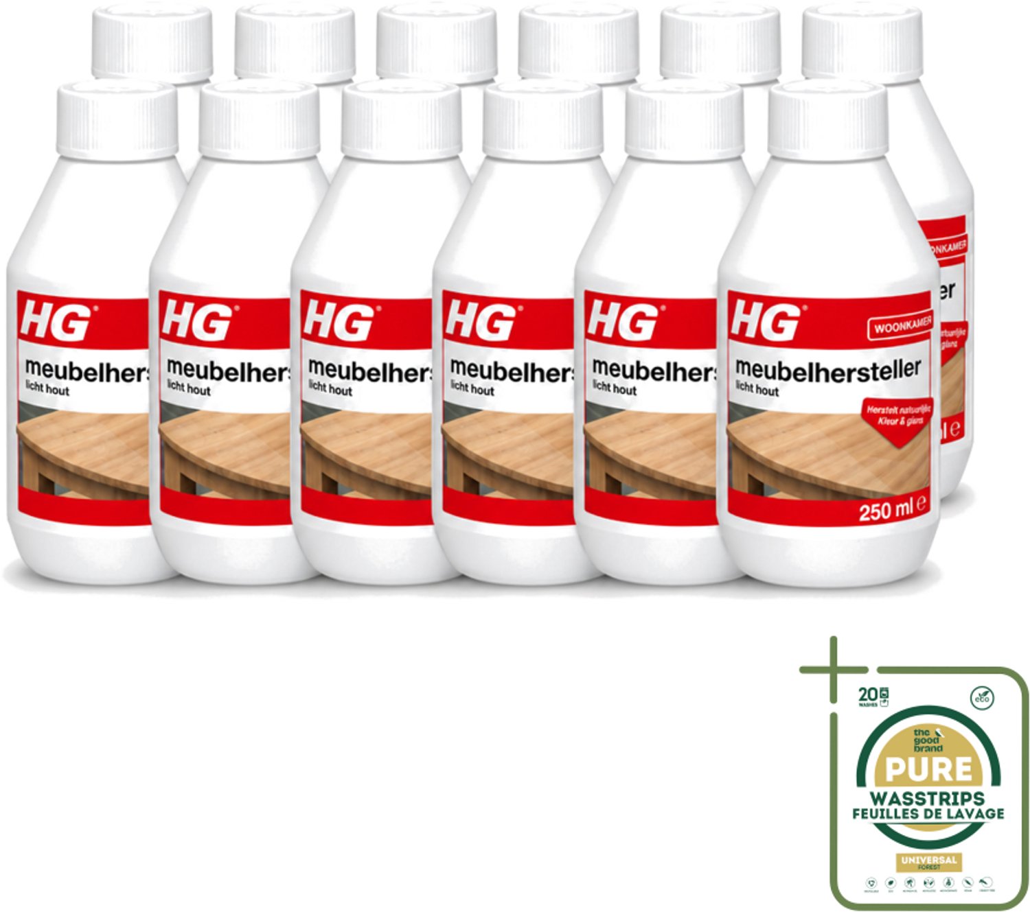 12 x HG - Meubelhersteller Licht Hout - Herstelt Natuurlijke Kleur & Glans - 250 ml - Wasstrips - Houtverzorging - Hout Herstellen - Hout Reinigen - Hout Kleuren Herstellen - Hout Krassen Verbergen