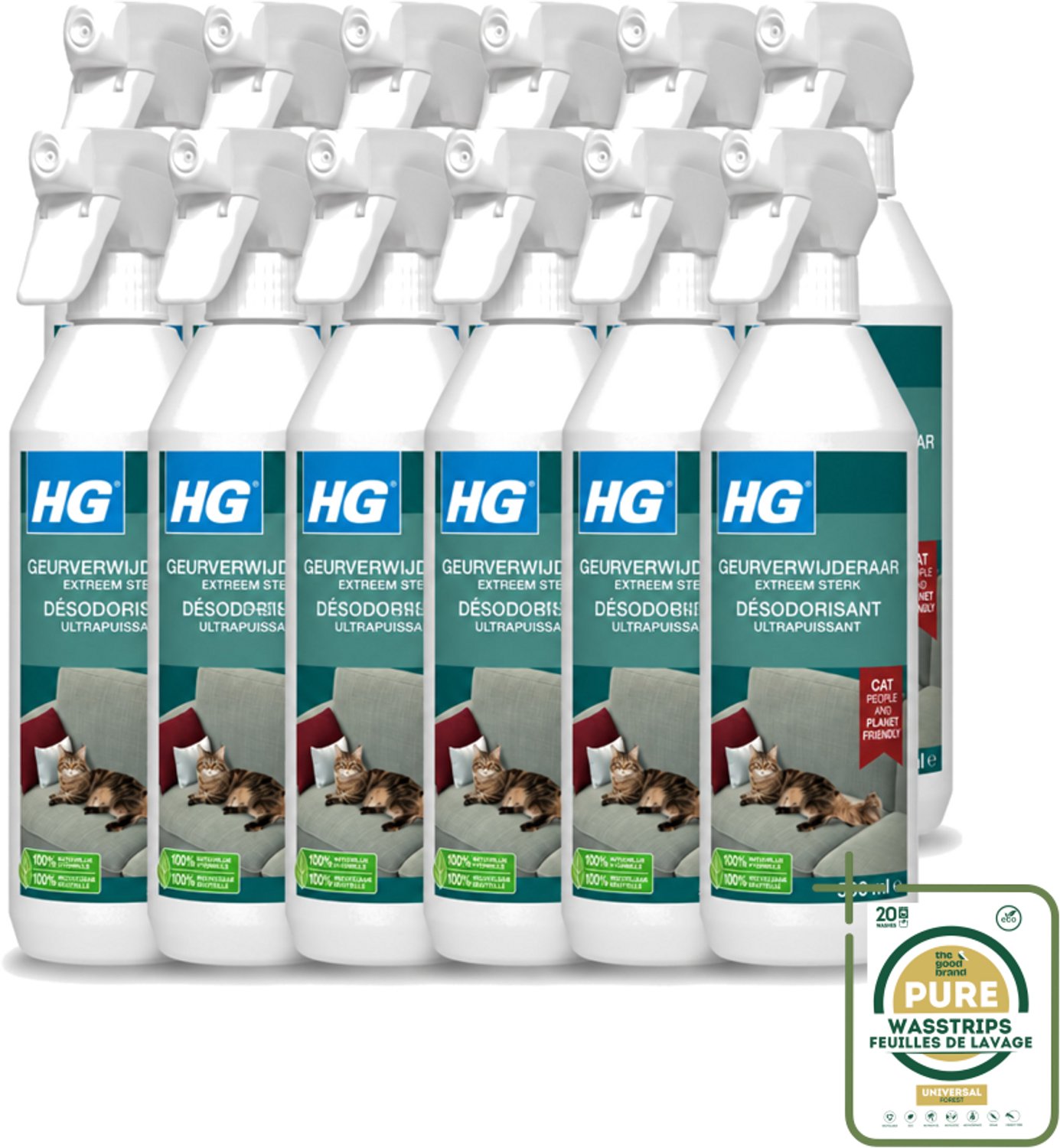 12 x HG - Geurverwijderaar - Extreem Sterk - Tegen Kattengeuren - 100% Biologisch - 500 ml - Wasstrips - Geurverwijderaar Kat - Kattengeur - Geurverwijderaar - Geurverwijderaar Katten - Geurverwijderaar 500 Ml