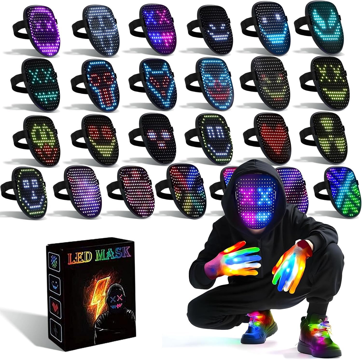 Led Halloween Masker met Handschoenen Kit - Multicolor - Voor Volwassenen - Oplaadbaar met LED Verlichting