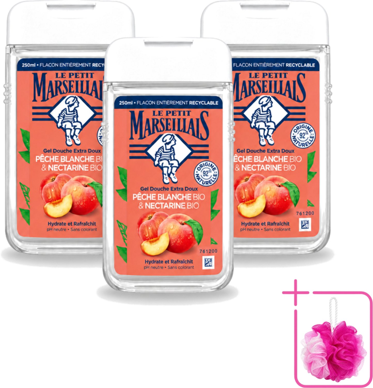 3 x Le Petit Marseillais – Douchegel – Pêche Blanche & Nectarine Bio – 250 ml - Bulkverpakking - Douchegel - Douchemop - Biologische douchegel