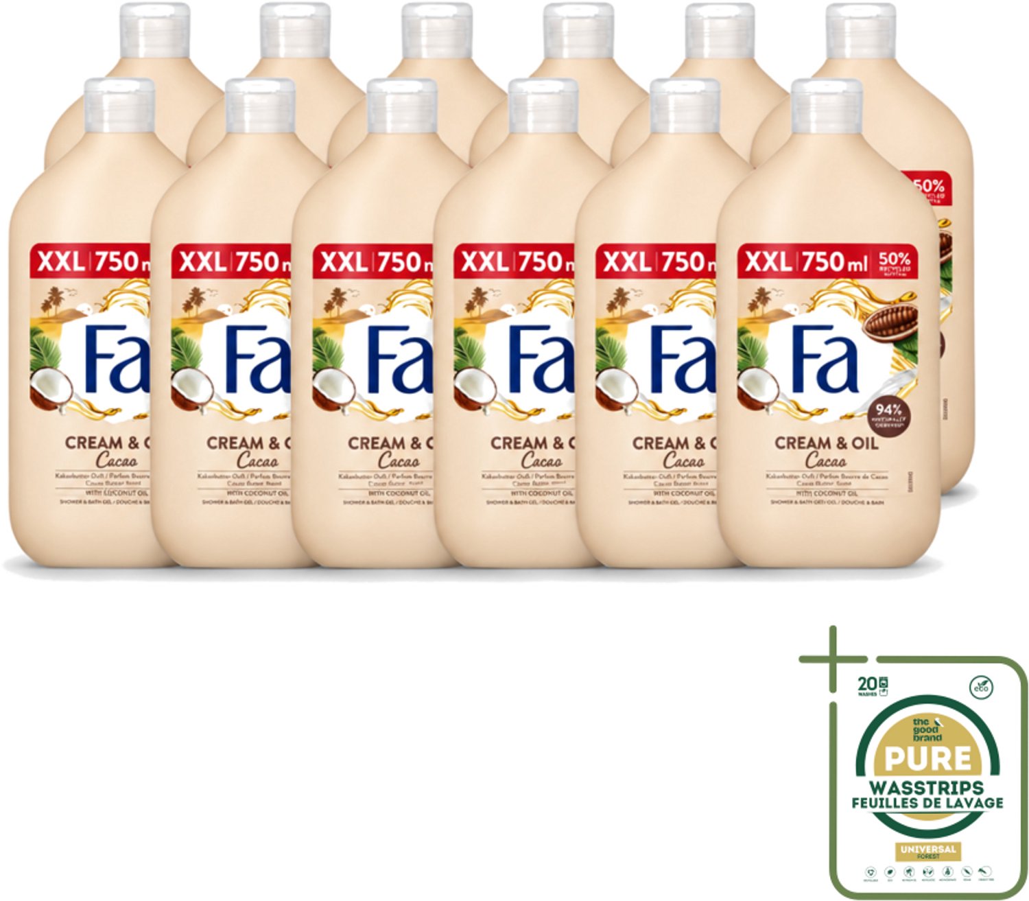 12 x Fa - Cream & Oil Cacao - Bad- & Douchegel - Cacaoboter Met Kokosolie - 750 ml - Wasstrips - Bad En Douche Gel - Cacaoboter - Kokosolie - Huid Verzorging - Hydraterende Gel