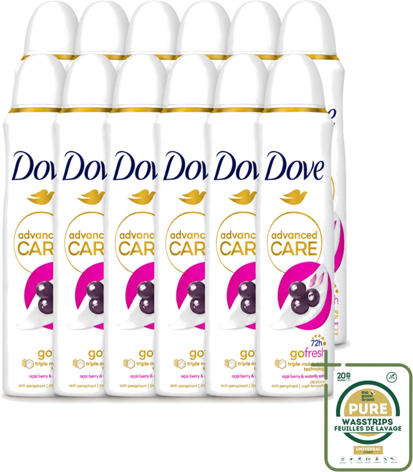 12 x Dove - Deospray - Acai Bes & Waterlelie - 150 ml - Wasstrips - Acai Bes & Waterlelie Deospray - Deospray Oksels - Geur Van Acai Bessen - Geur Van Waterlelie - Transpiratie Bescherming