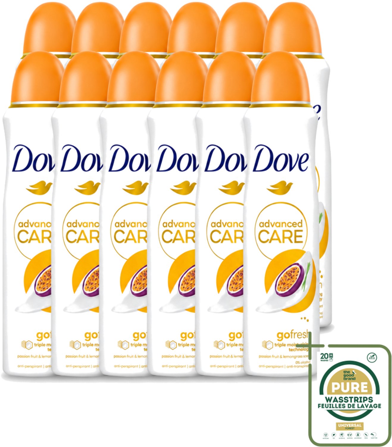12 x Dove - Deospray - Passievrucht & Citroengras - 150 ml - Wasstrips - Passievrucht En Citroengras - Anti-transpirant - Deospray - Okselbescherming - Geur
