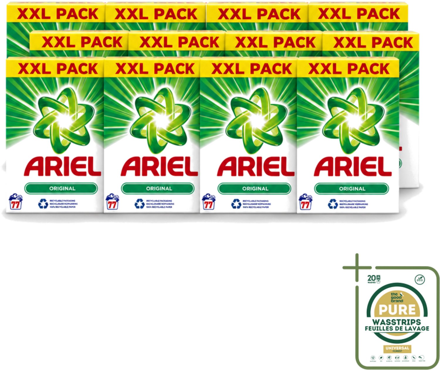 12 x Ariel Original XXL - Waspoeder - Witte en Lichtgekleurde Was - 77 Wasbeurten - Wasstrips - Waspoeder - Wasmiddel - Vlekverwijdering - Witte Kleding - Lichtgekleurde Kleding