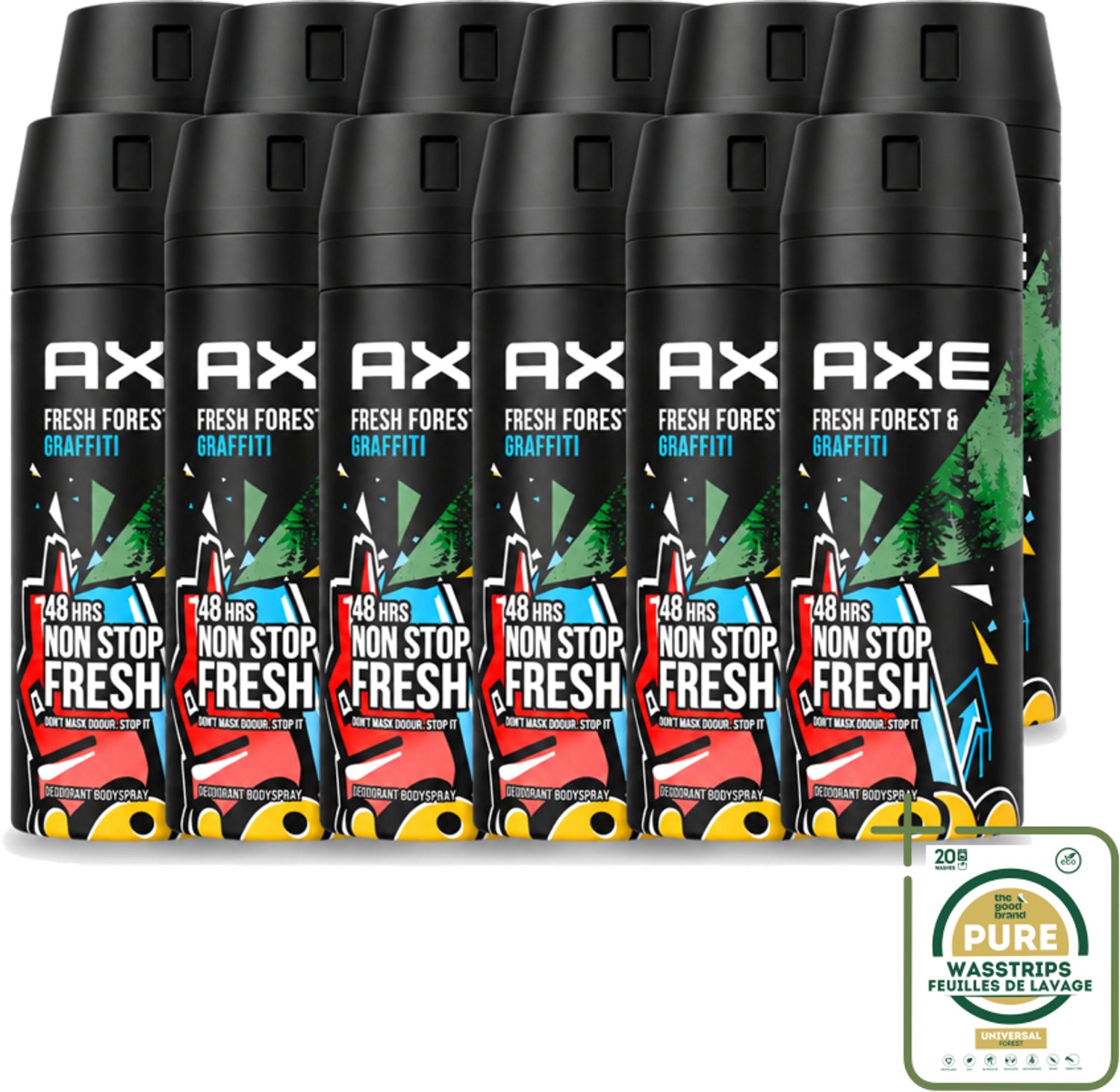 12 x Axe - Deodorant Bodyspray - 48hrs Fresh - Fresh Forest & Graffiti - 150 ml - Wasstrips - 48 Uur Bescherming - Deodorant Sprayer - Frisheid - Geur - Zweet