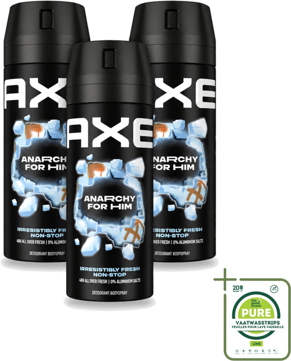 3 x Axe - Deodorant Bodyspray - 48hrs Fresh - Anarchy for Him - Dark Pomegranate & Sandalwood - 150 ml - Grootverpakking - Vaatwasstrips - 48 Uur Frisheid - Deodorant Bodyspray - Geur Van Granaatappel - Geur Van Sandelhout - Zinktechnologie