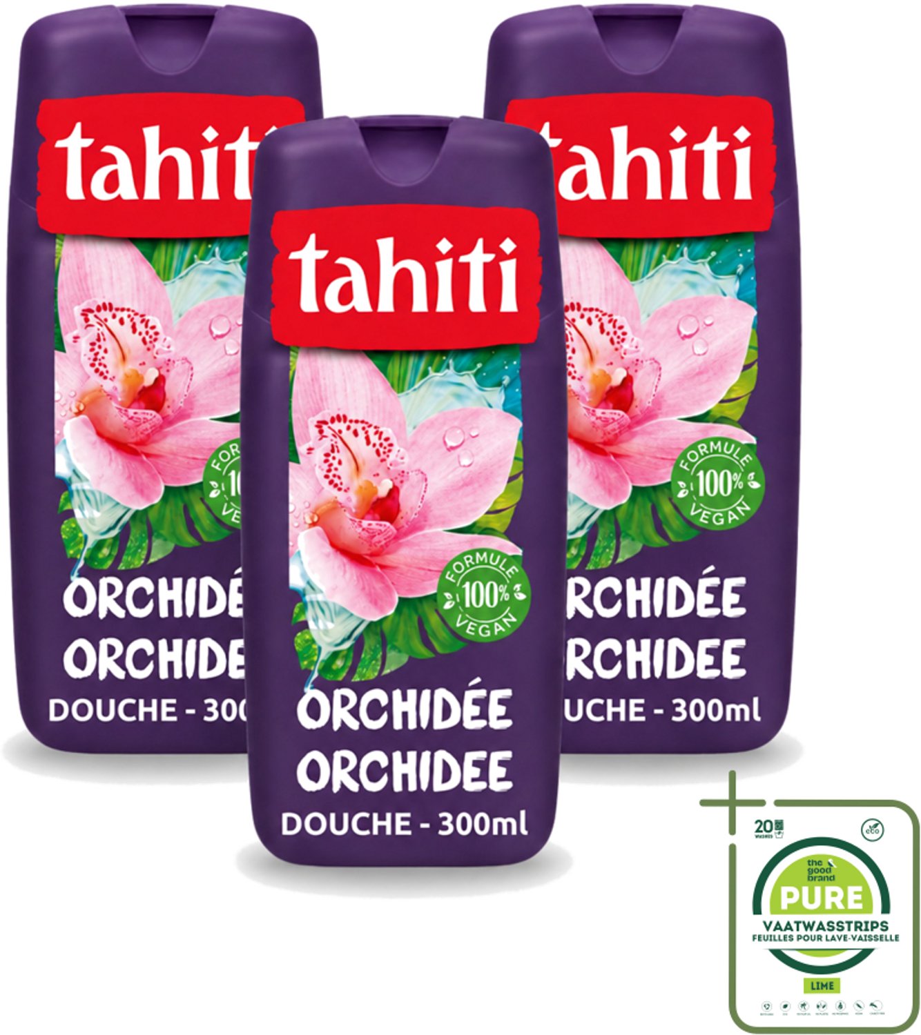 3 x Tahiti - Douchegel - Orchidee - 100% Vegan - 300 ml - Grootverpakking - Vaatwasstrips - Douchegel Orchidee - Orchidee Geur - Hydraterende Douchegel - Verzorgende Douchegel - Bloemige Geur